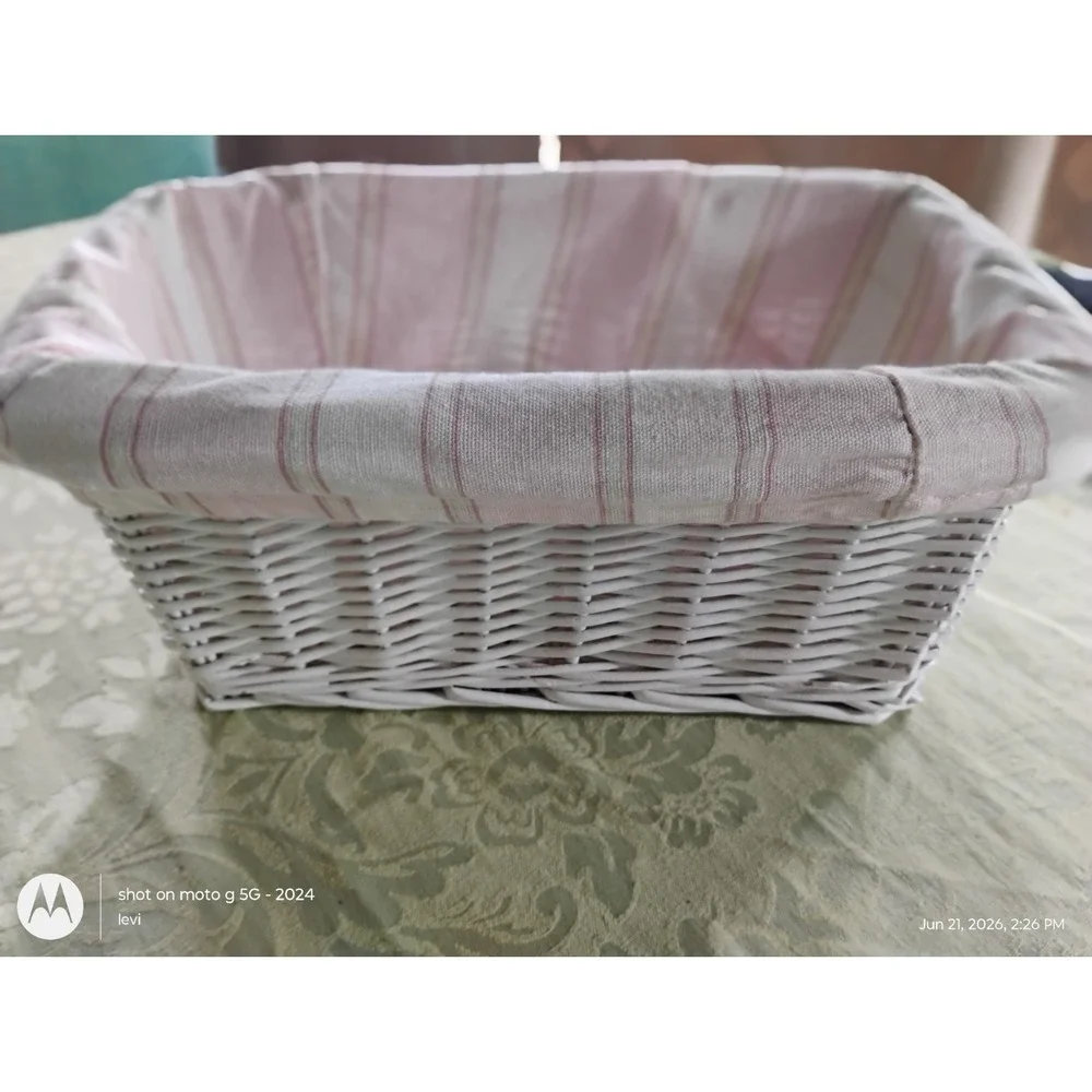 White Wicker Storage Basket Pink Striped Fabric Lining Rectangular Handcrafted